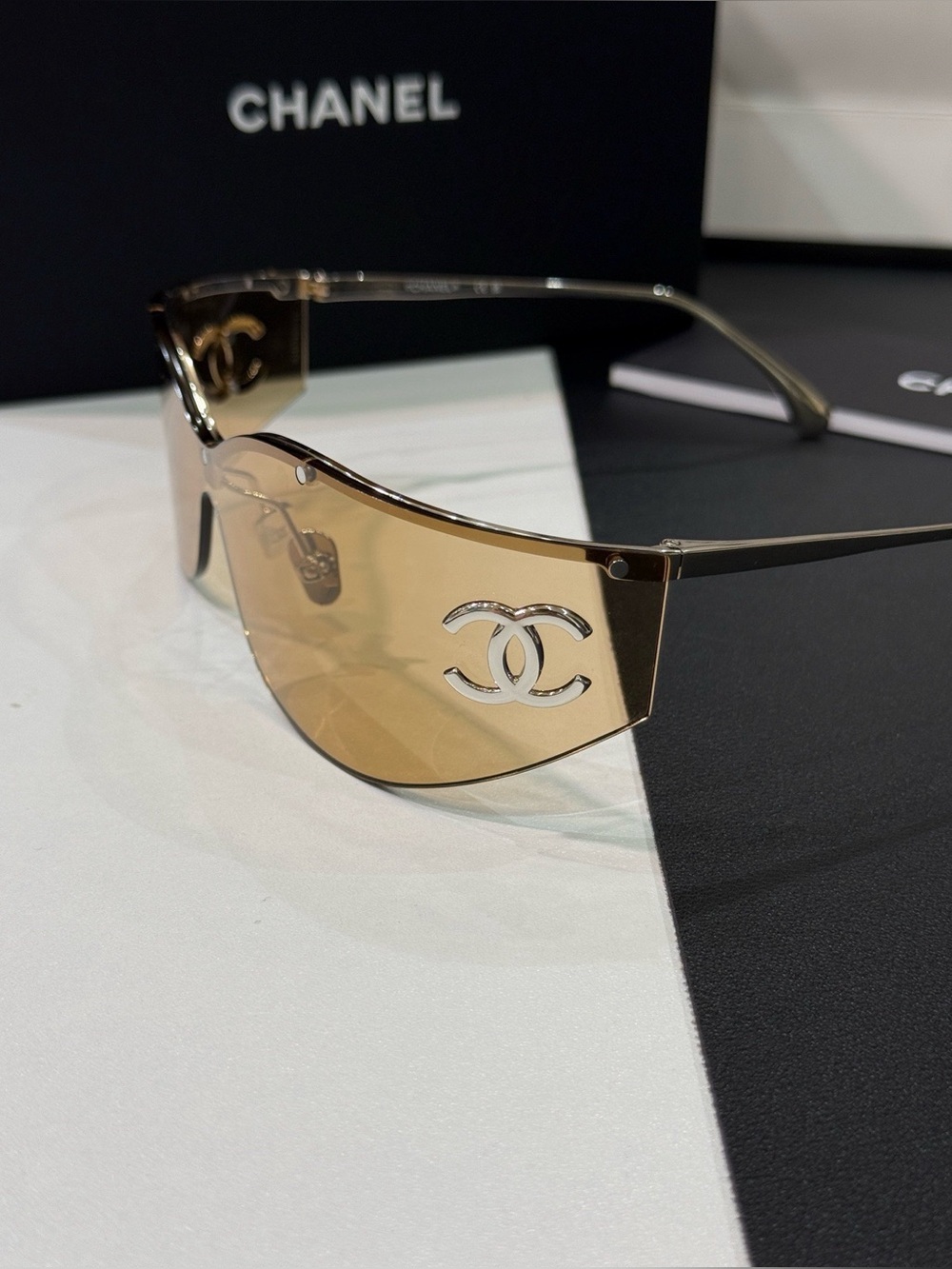 CHANEL Gold-Tone Shield Sunglasses with Brown Lens